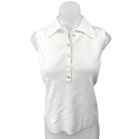 Tahari White Rib Knit Sleeveless Crochet Collar Button Polo Sweater Tank Top M - Picture 1 of 4